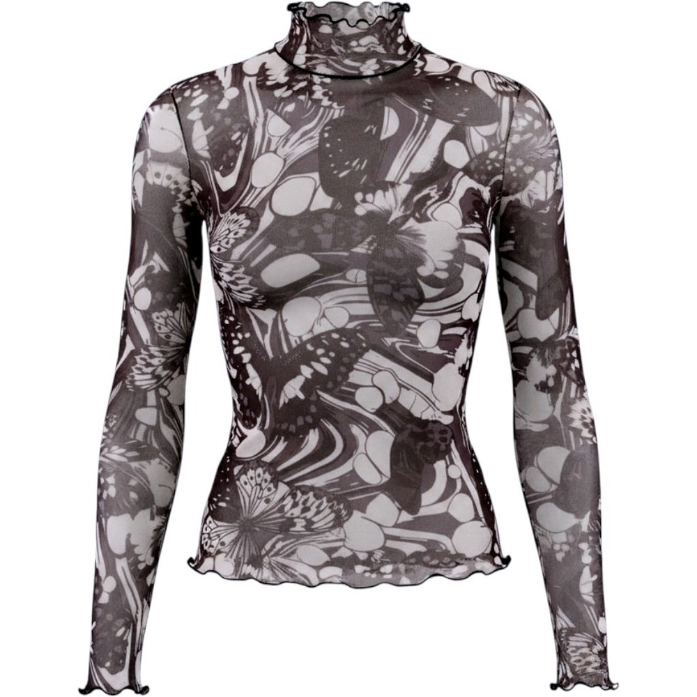 Garage Butterfly Y2K Print Mesh Mock Neck Long Sleeve Top Black White Small